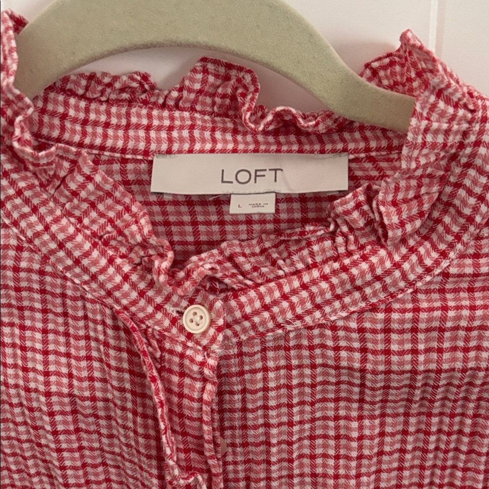 LOFT Red Gingham Ruffle Blouse - Picture 2 of 3
